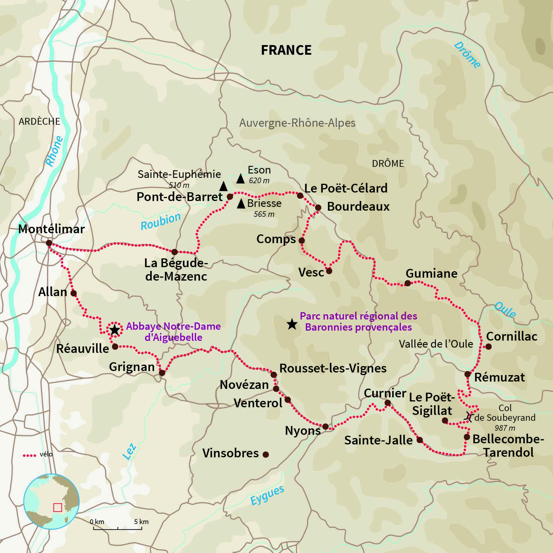 Carte France : La Drôme provençale à vélo électrique 