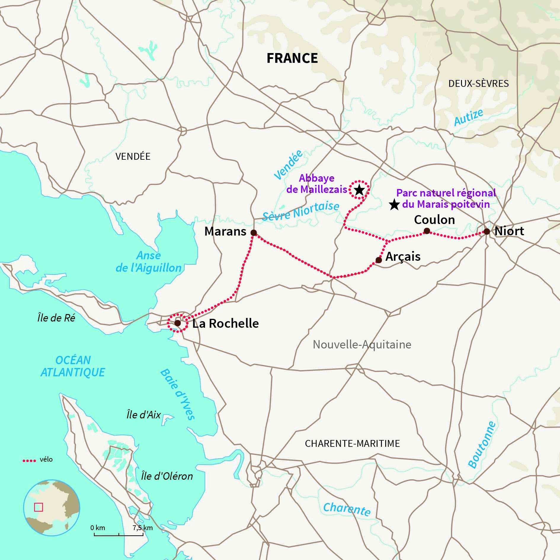 Carte France : Le Marais Poitevin à bicyclette
