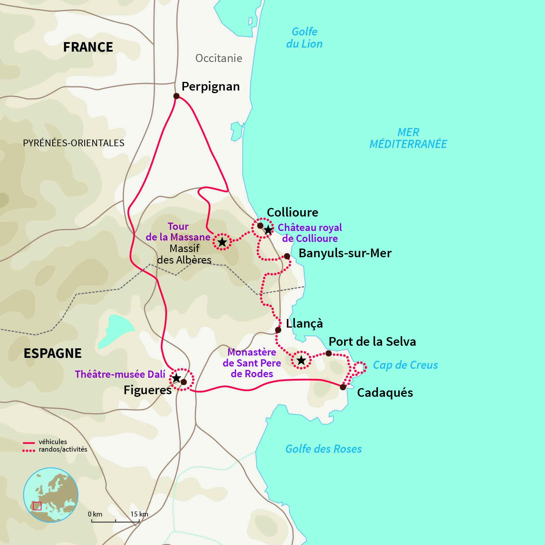 Carte France : La côte vermeille de Collioure à Cadaquès
