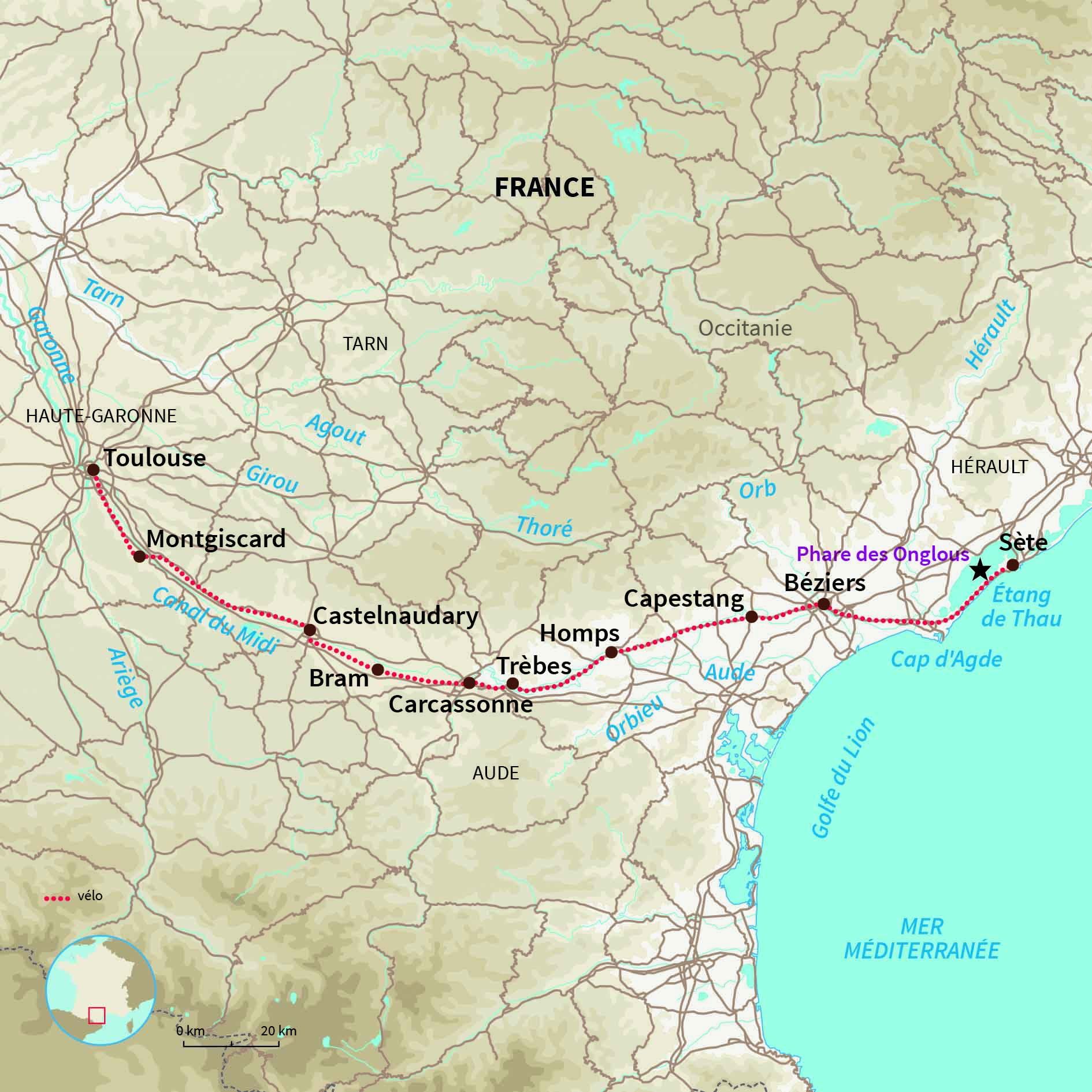 Carte France : Le canal du Midi à vélo