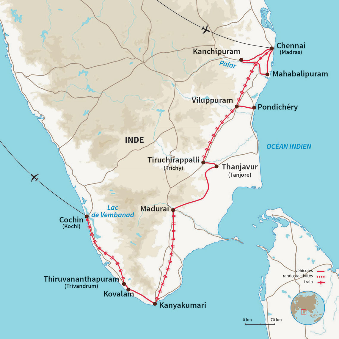 Carte Inde : L'Inde du Sud en train