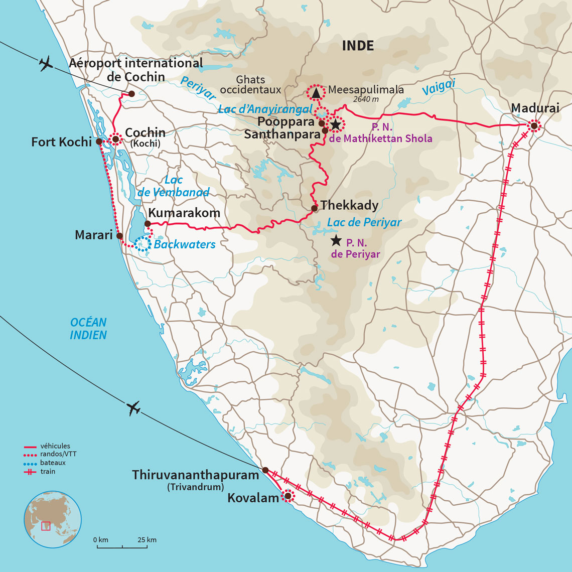 Carte Inde : Le Kerala à pied, en vélo et sur l'eau 