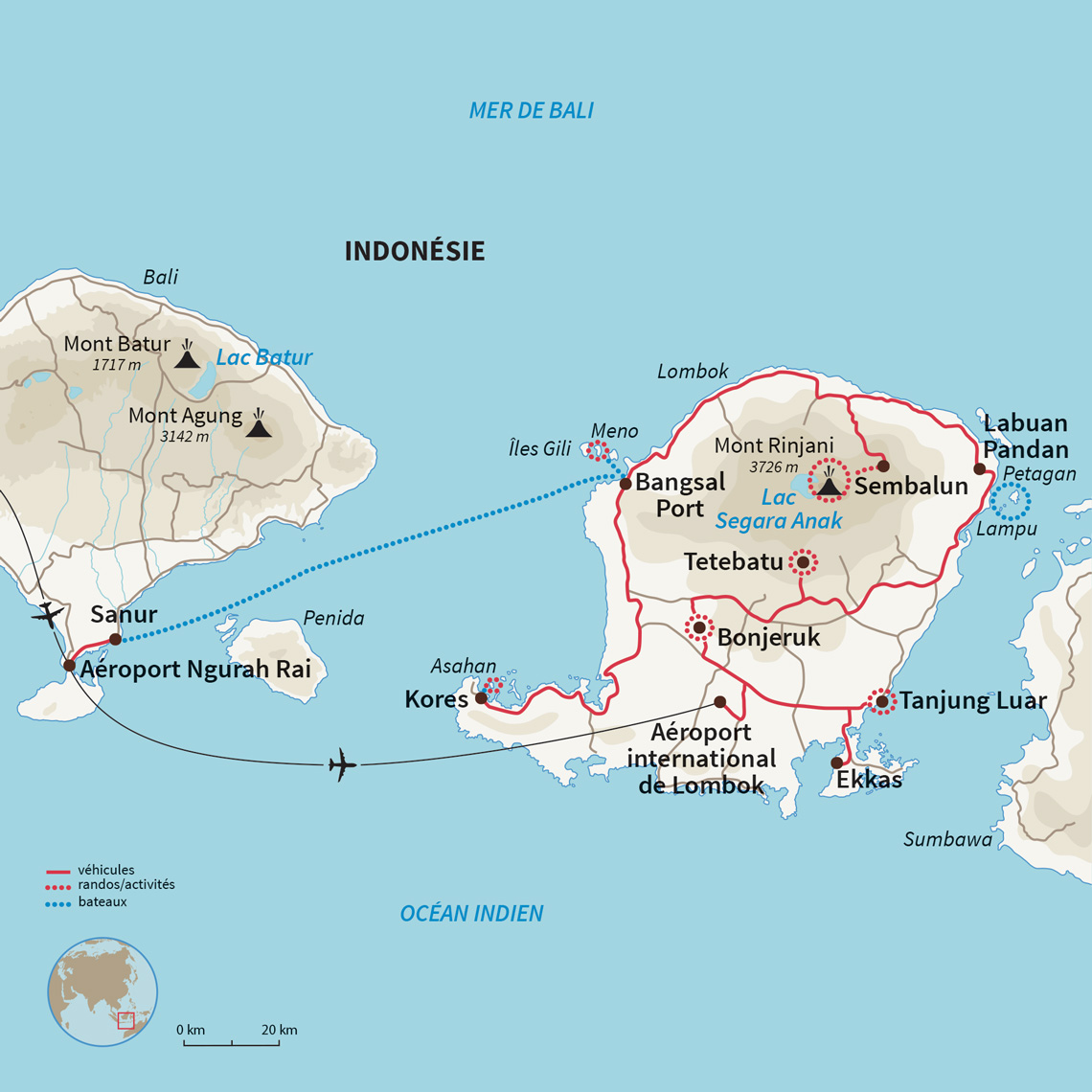 Carte Indonésie : Lombok, du Rinjiani aux îles Gili