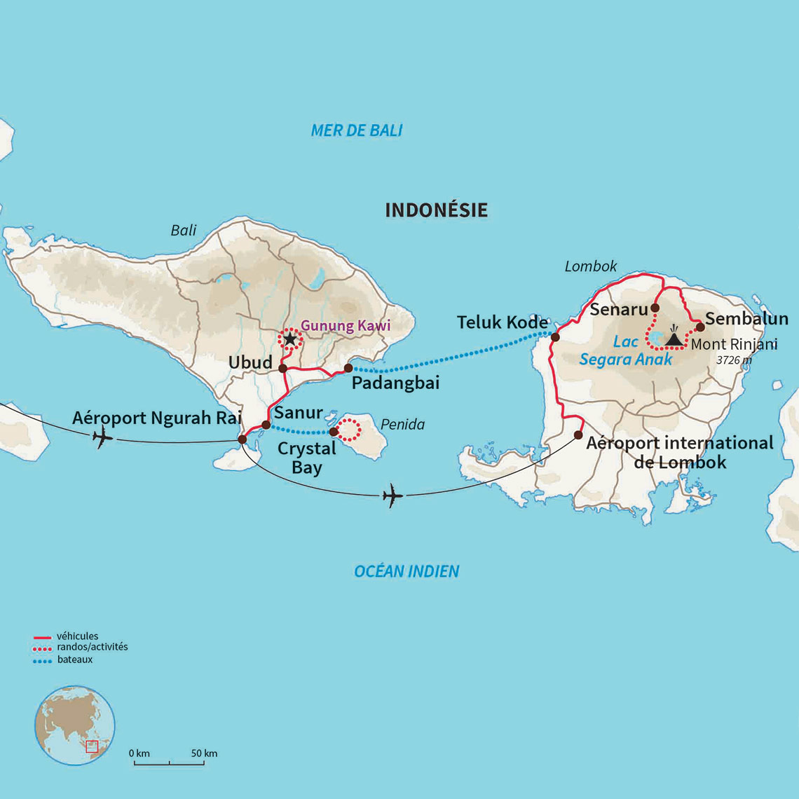 Carte Indonésie : Ascension du Rinjani et rizières de Bali 