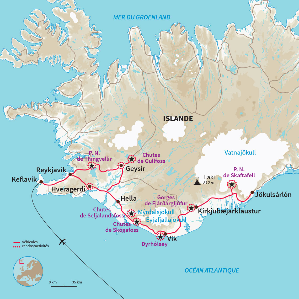 Carte Islande : La côte sud de l'Islande à raquettes