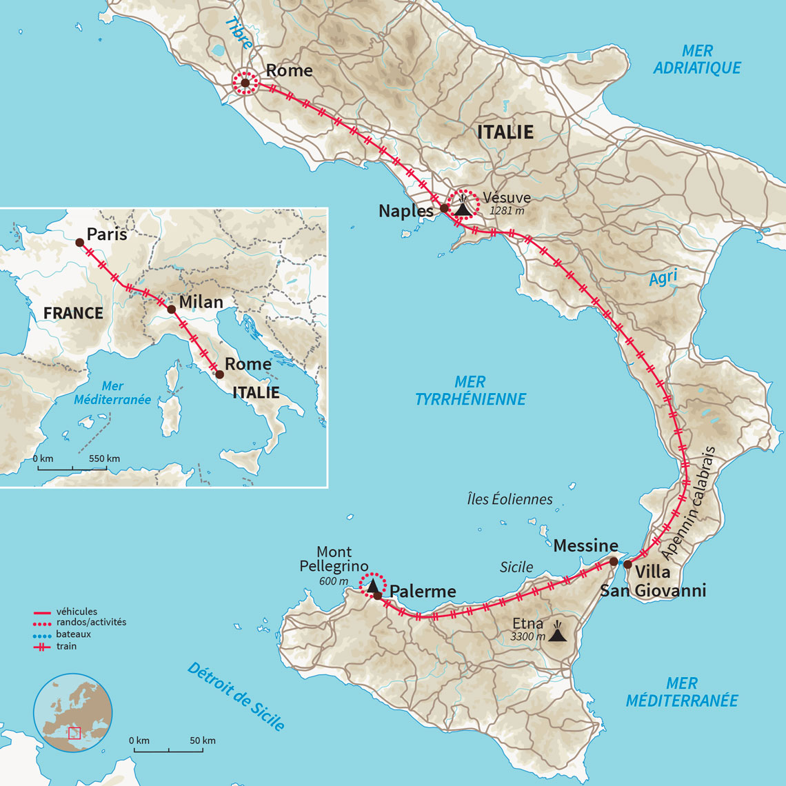 Carte Italie : L'Italie du Sud en train (A/R en train)