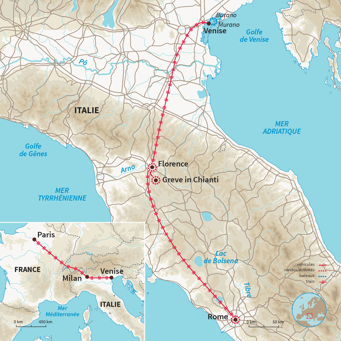 Carte Italie : L'Italie du nord en train (A/R en train)