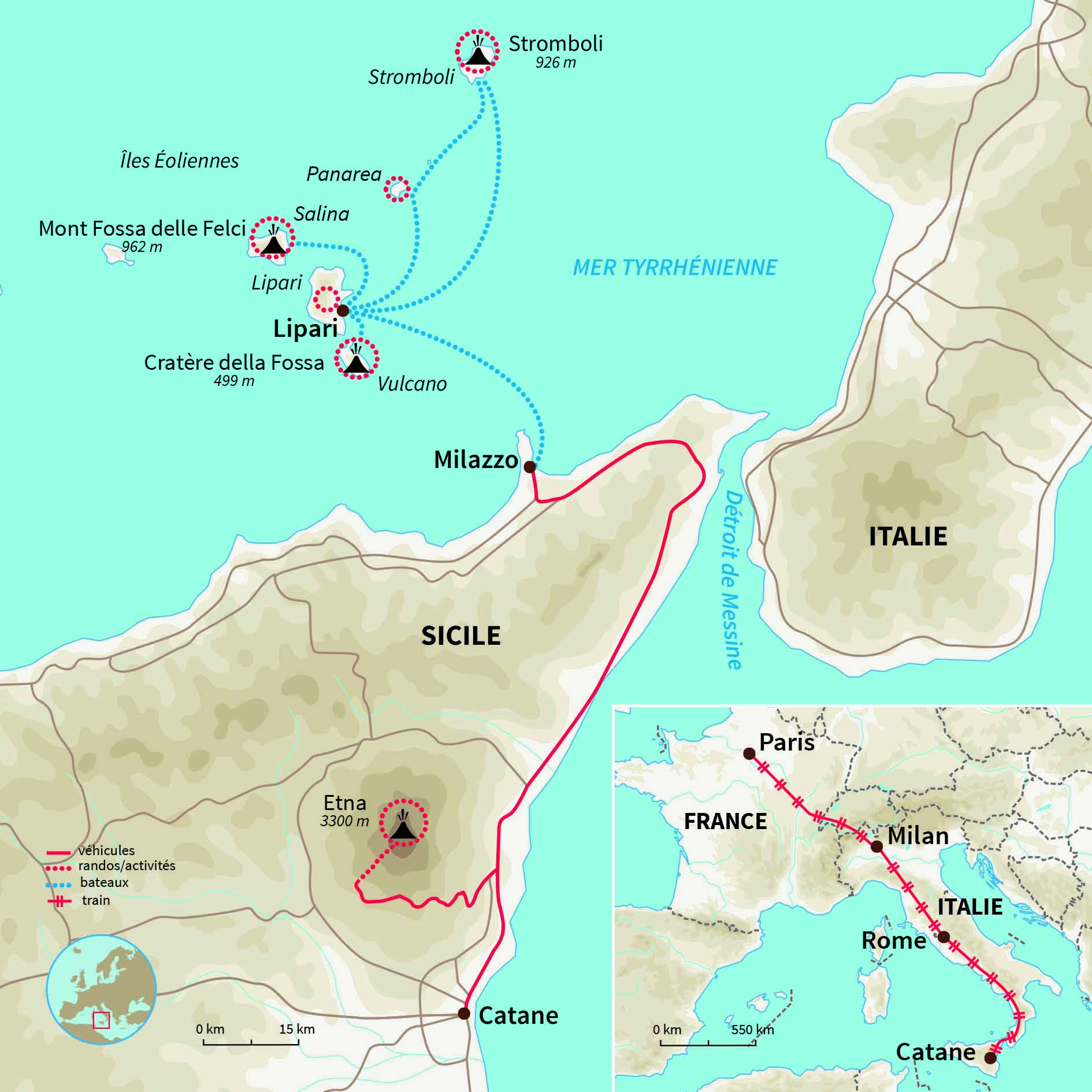 Carte Italie : Les îles éoliennes et l'Etna (A/R en train)