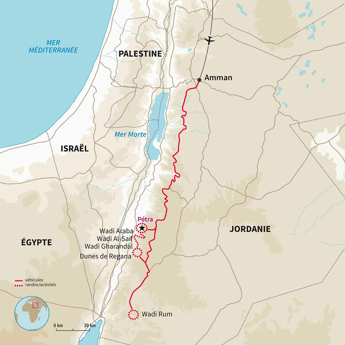 Carte Jordanie : De Pétra au WadiRum par la vallée arc-en-ciel