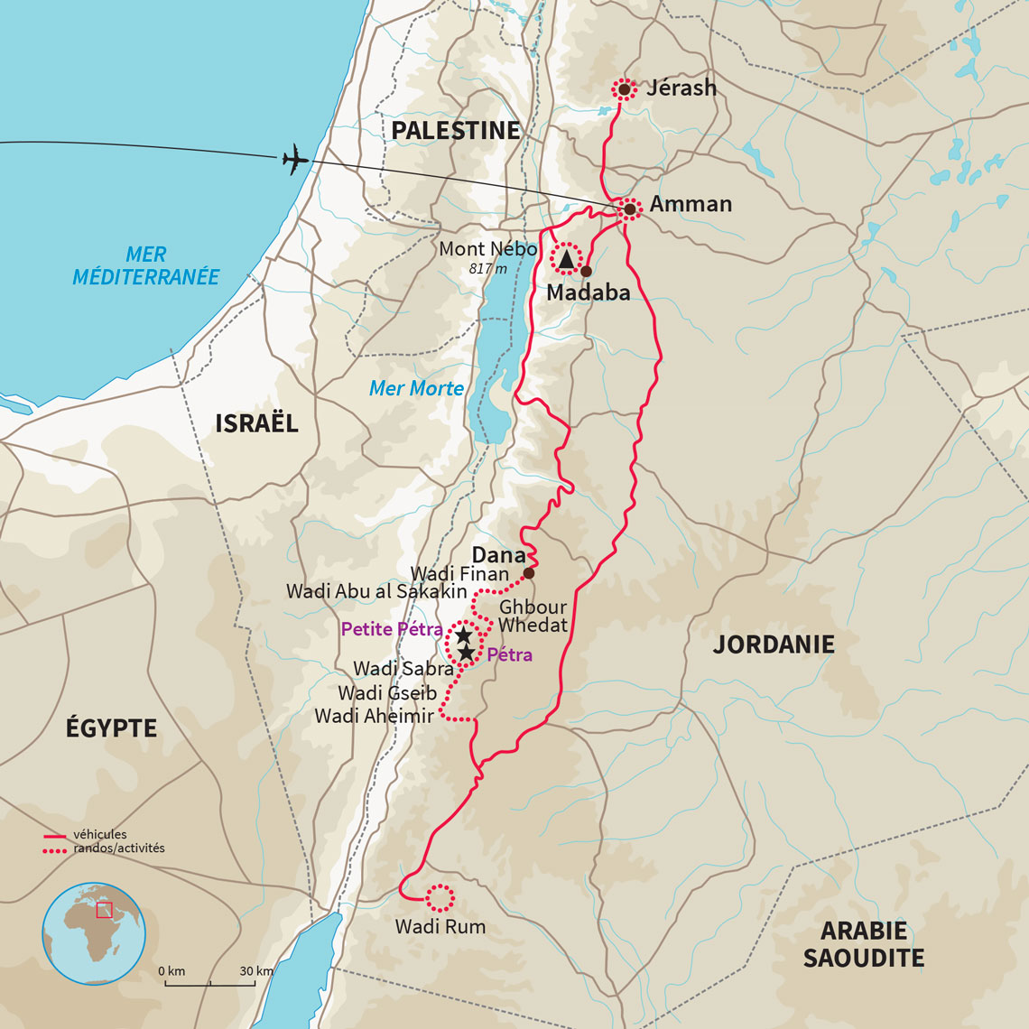 Carte Jordanie : Le trek royal du nord au sud