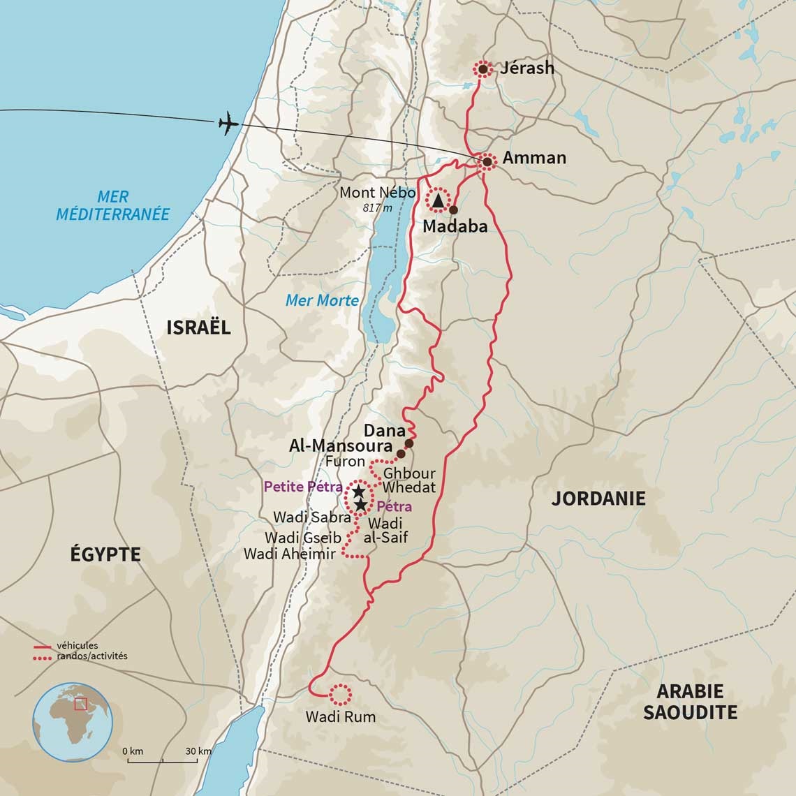 Carte Jordanie : Le trek royal du nord au sud