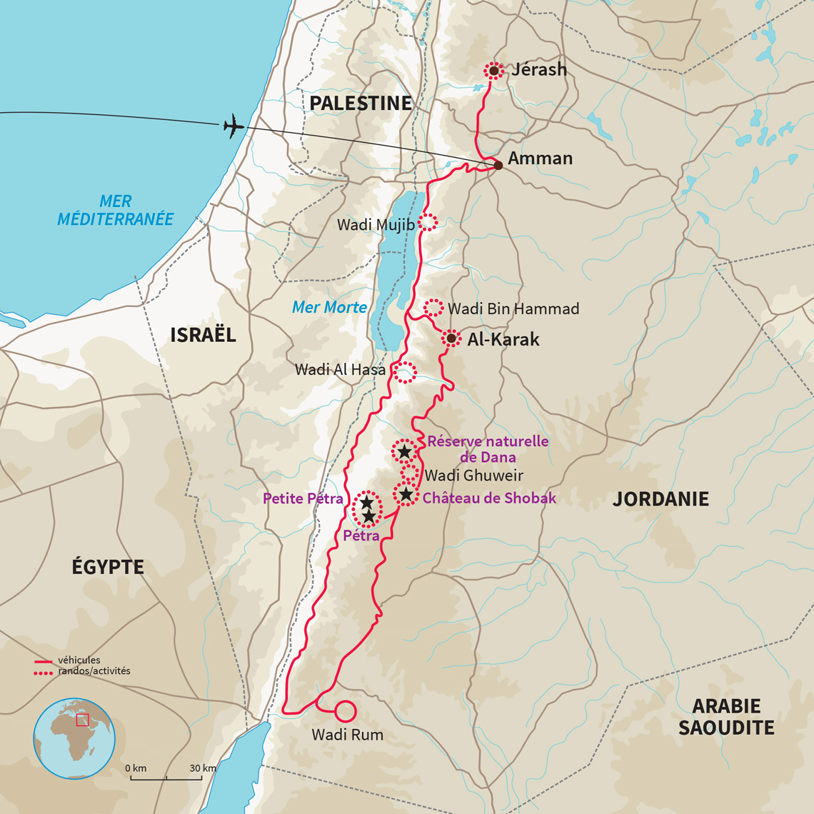 Carte Jordanie : Eaux vives et dunes rouges
