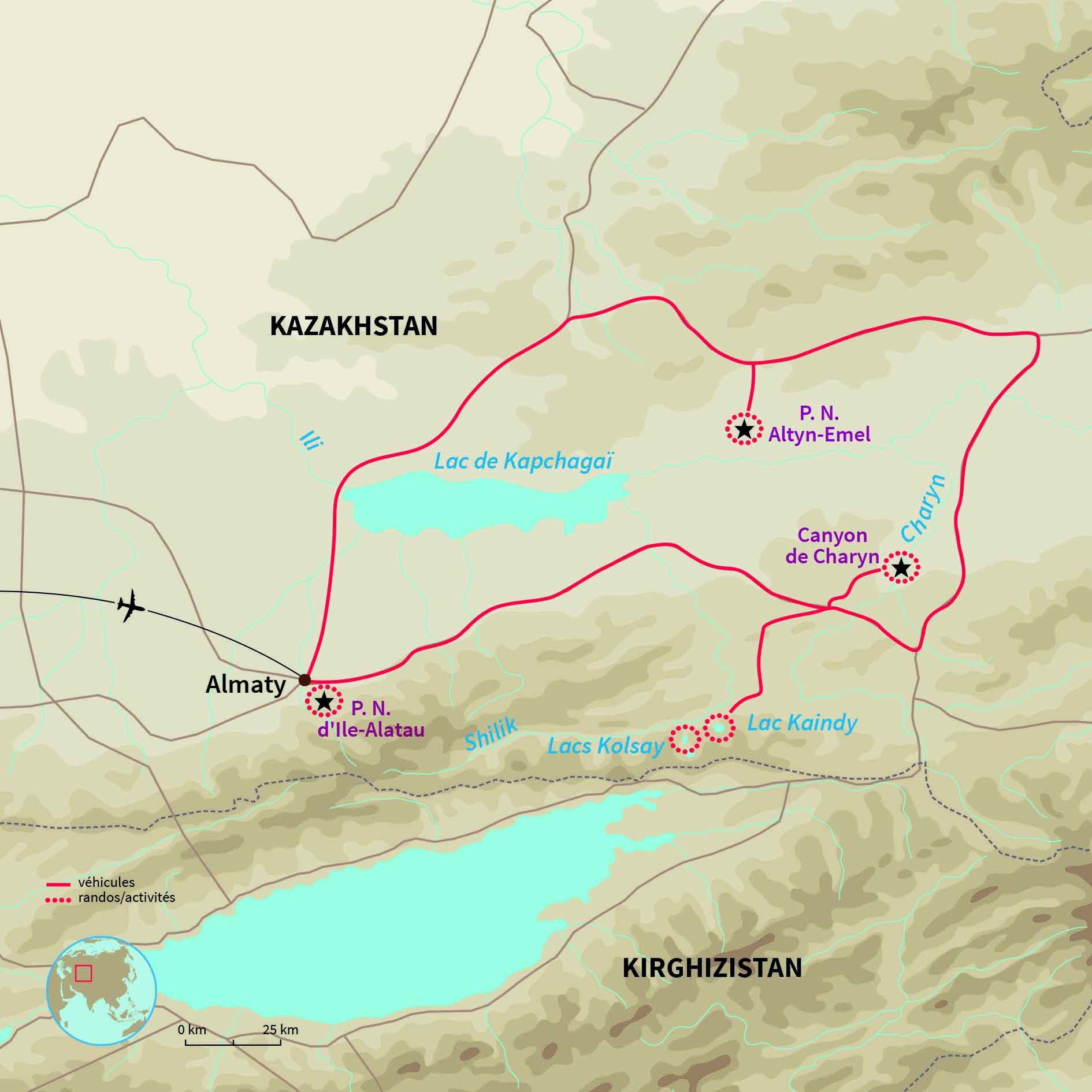 Carte Kazakhstan : Odyssée kazakhe entre dunes et canyons