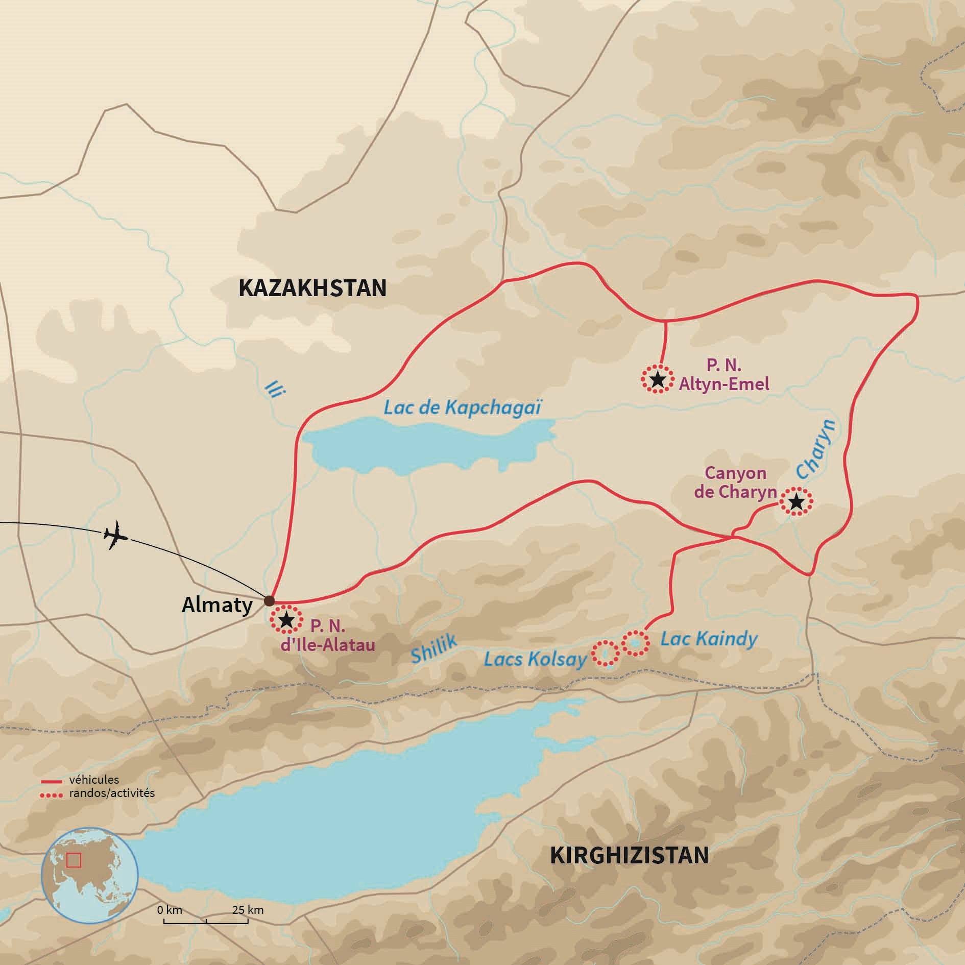Carte Kazakhstan : Odyssée kazakhe entre dunes et canyons