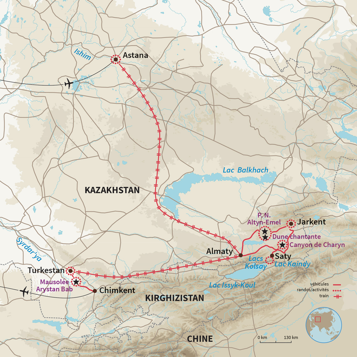 Carte Kazakhstan : Trains des steppes, cités et parcs nationaux