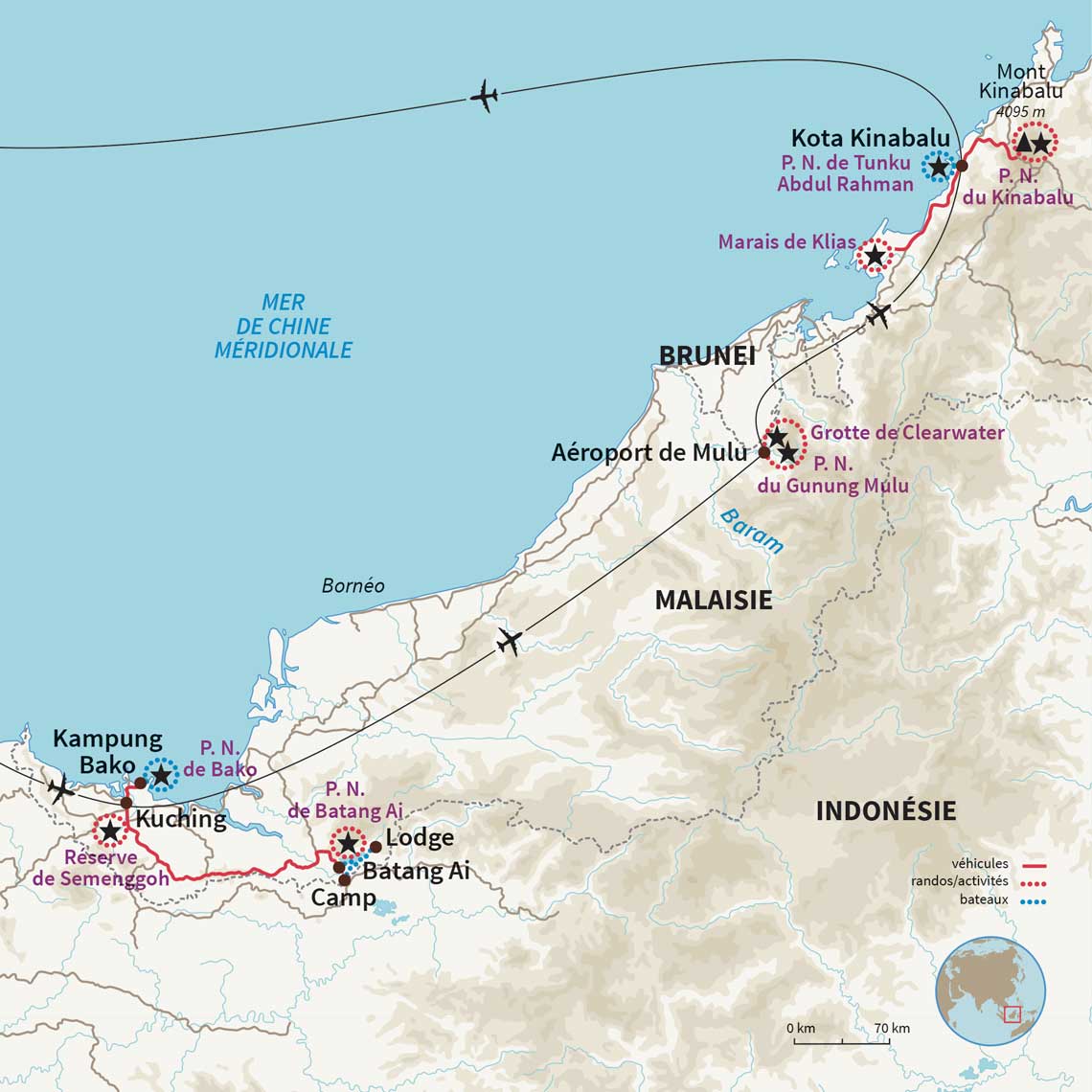 Carte Malaisie : Sarawak et Sabah, Bornéo d'ouest en est