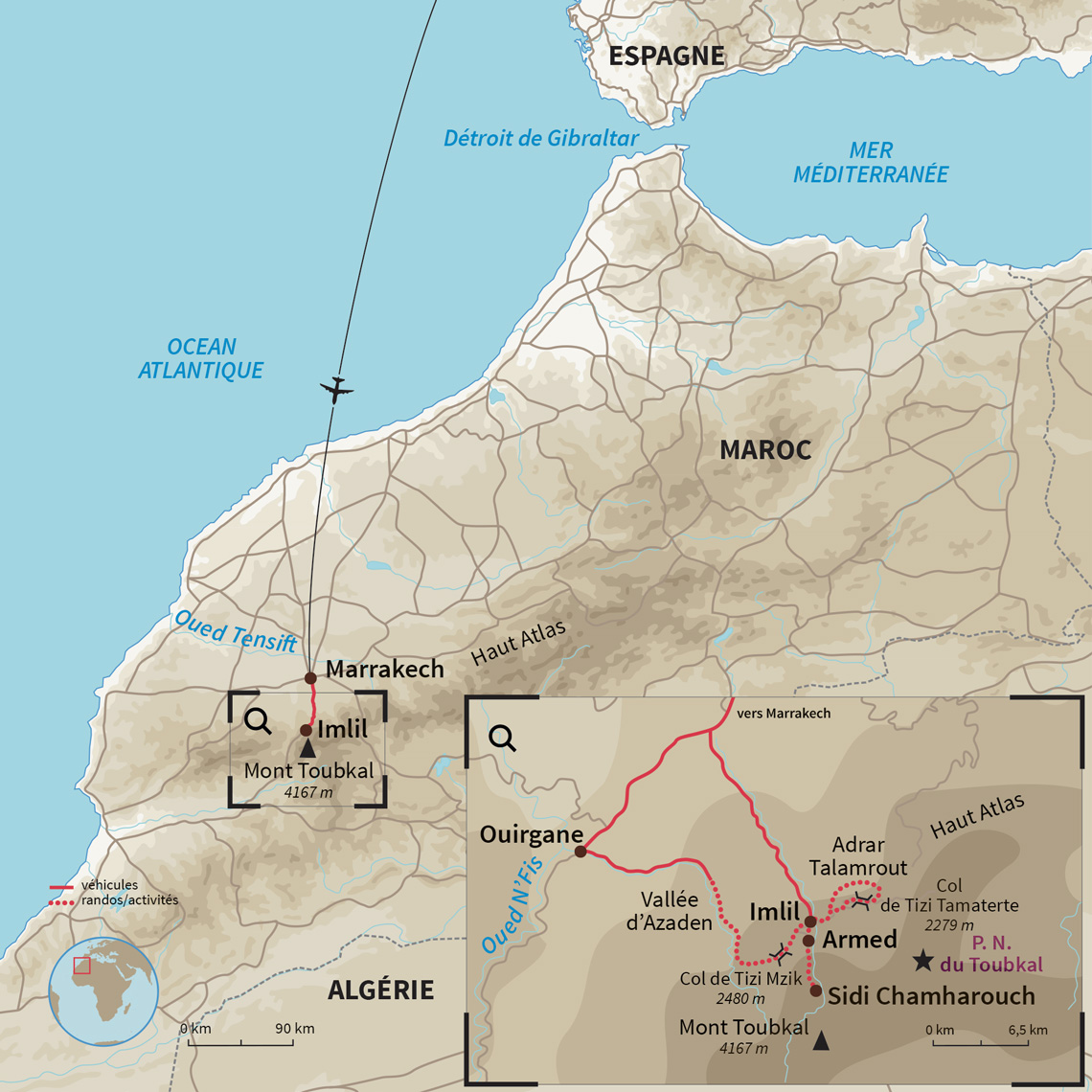 Carte Maroc : Toubkal, d’Imlil aux terres rouges d’Ouirgane