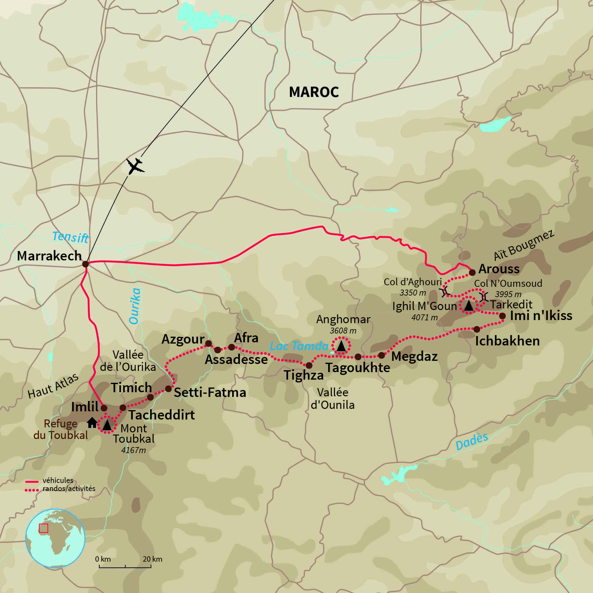 Carte Maroc : Trek des 3 sommets de l'Atlas marocain