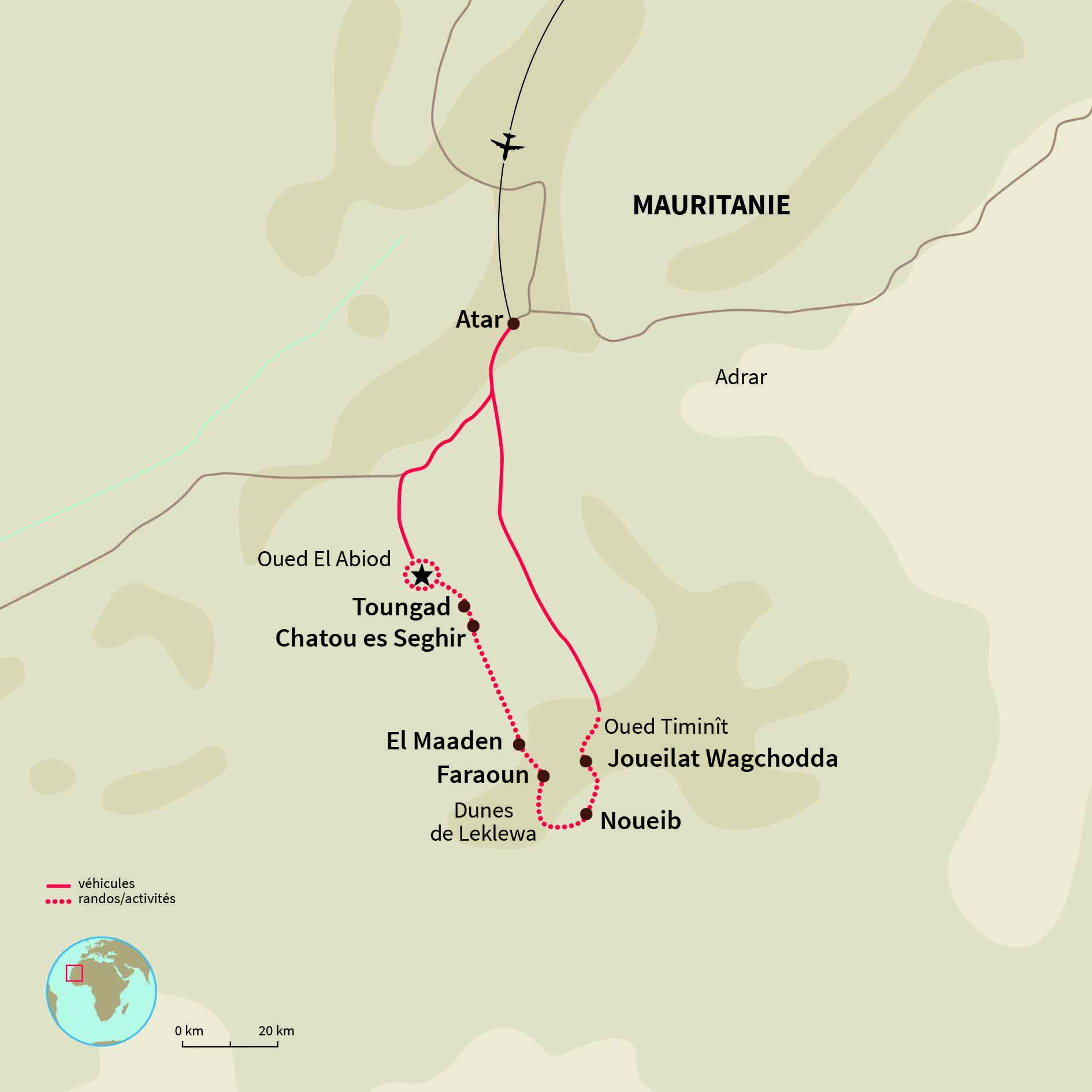 Carte Mauritanie : De la vallée blanche aux dunes de Leklewa