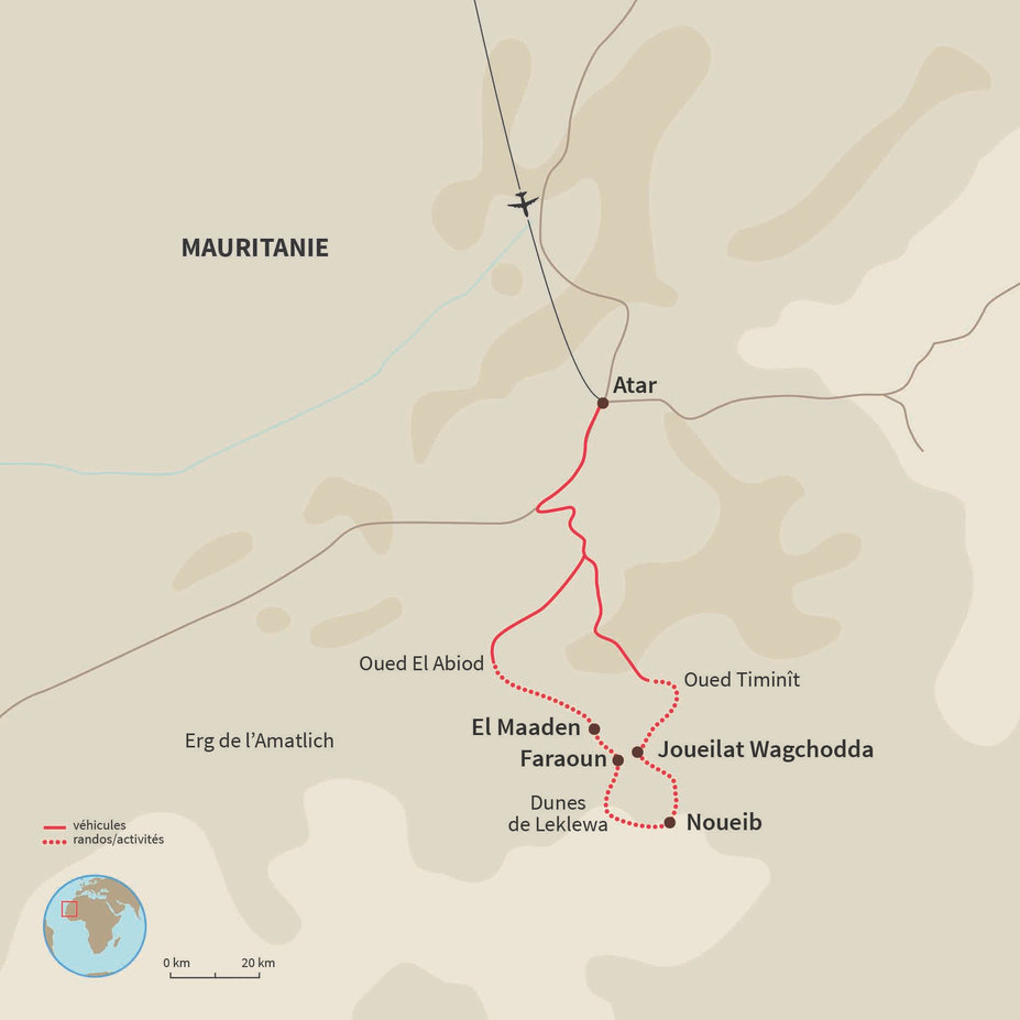Carte Mauritanie : De la vallée blanche aux dunes de Leklewa