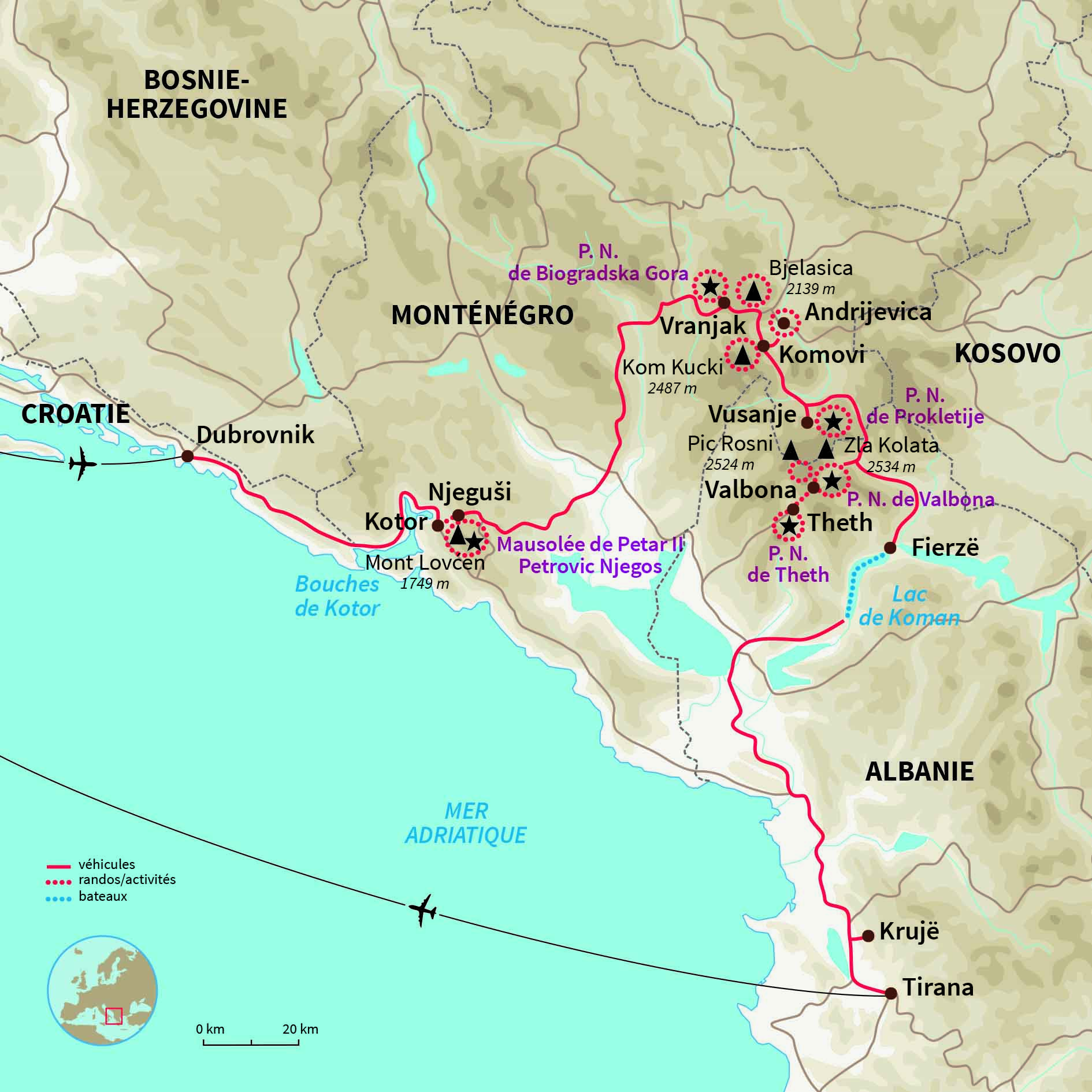Carte Monténégro : Des bouches de Kotor aux montagnes albanaises