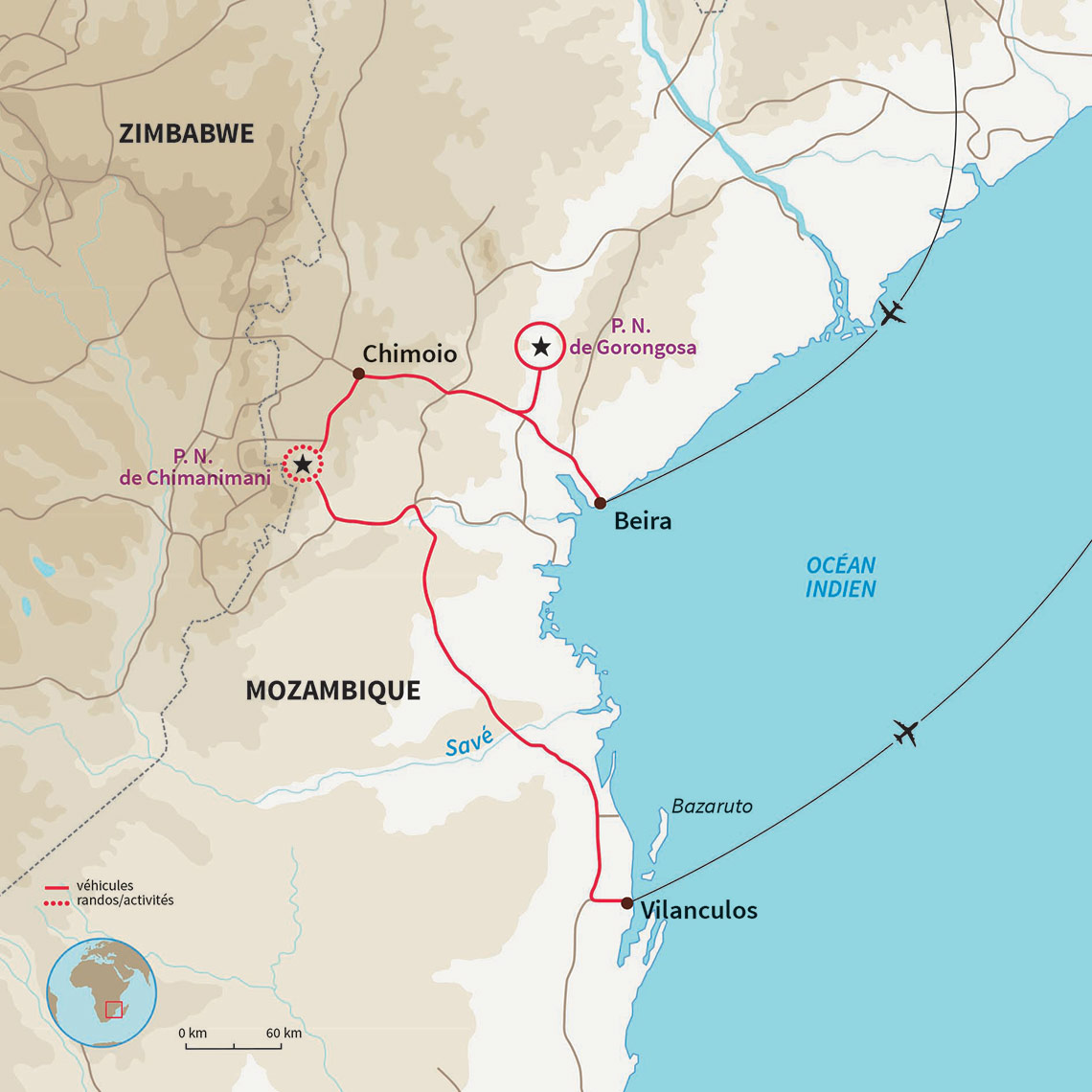 Carte Mozambique : Safari, rando et plages du Mozambique