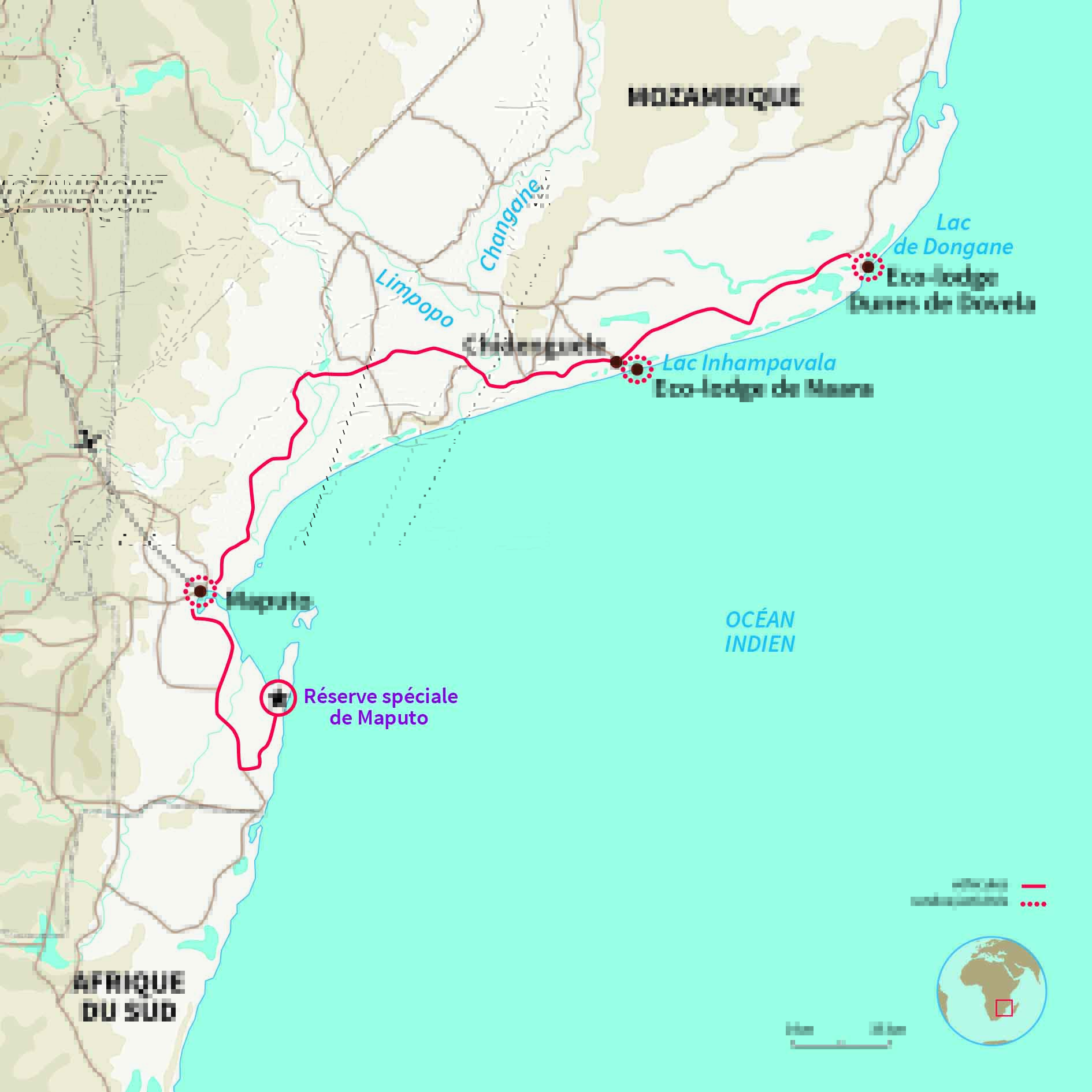 Carte Mozambique : De Maputo aux Dunes de Dovela 