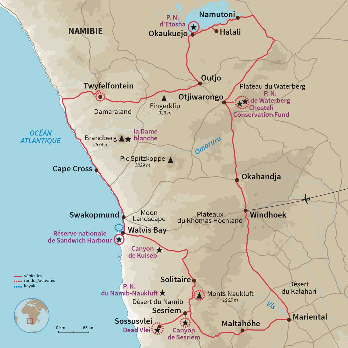 Carte Namibie : Mi lodge, mi camping, 100% aventure !