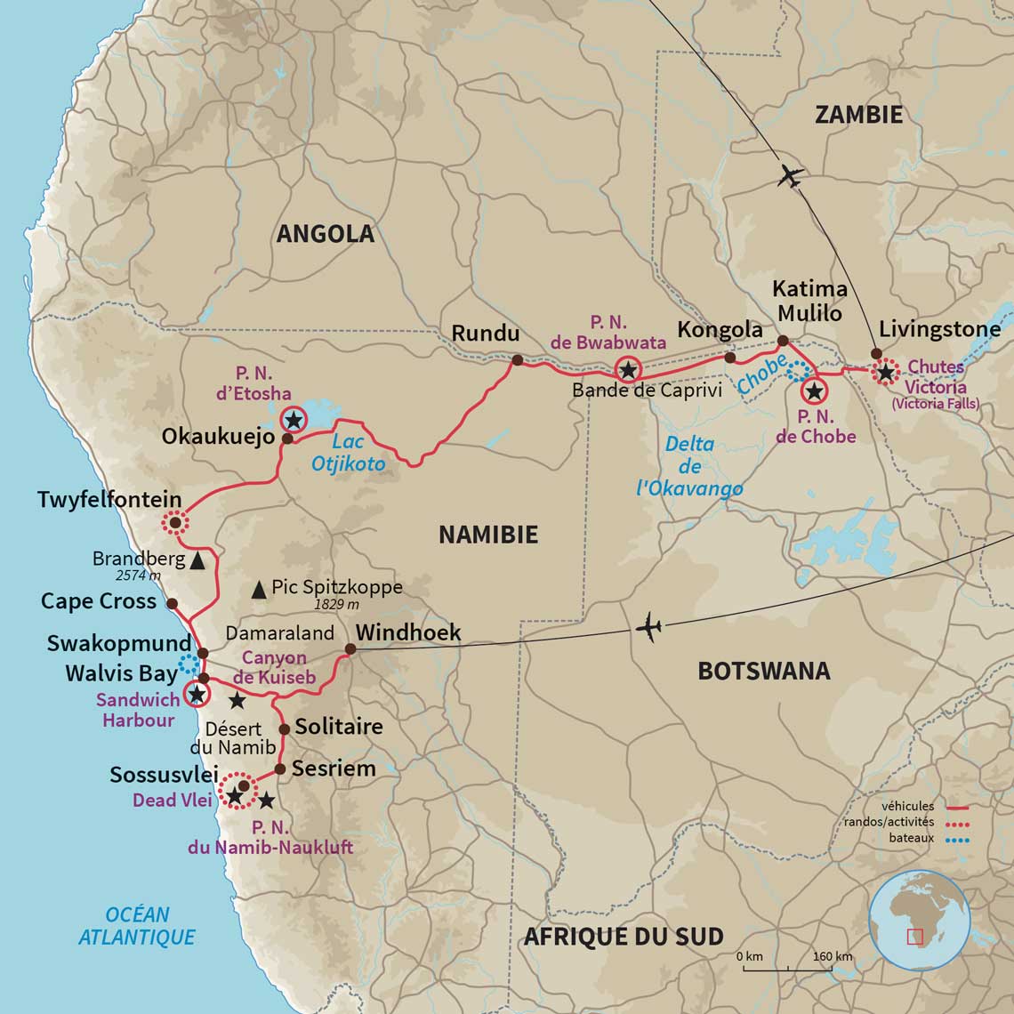 Carte Namibie : En piste du Namib aux Chutes Victoria