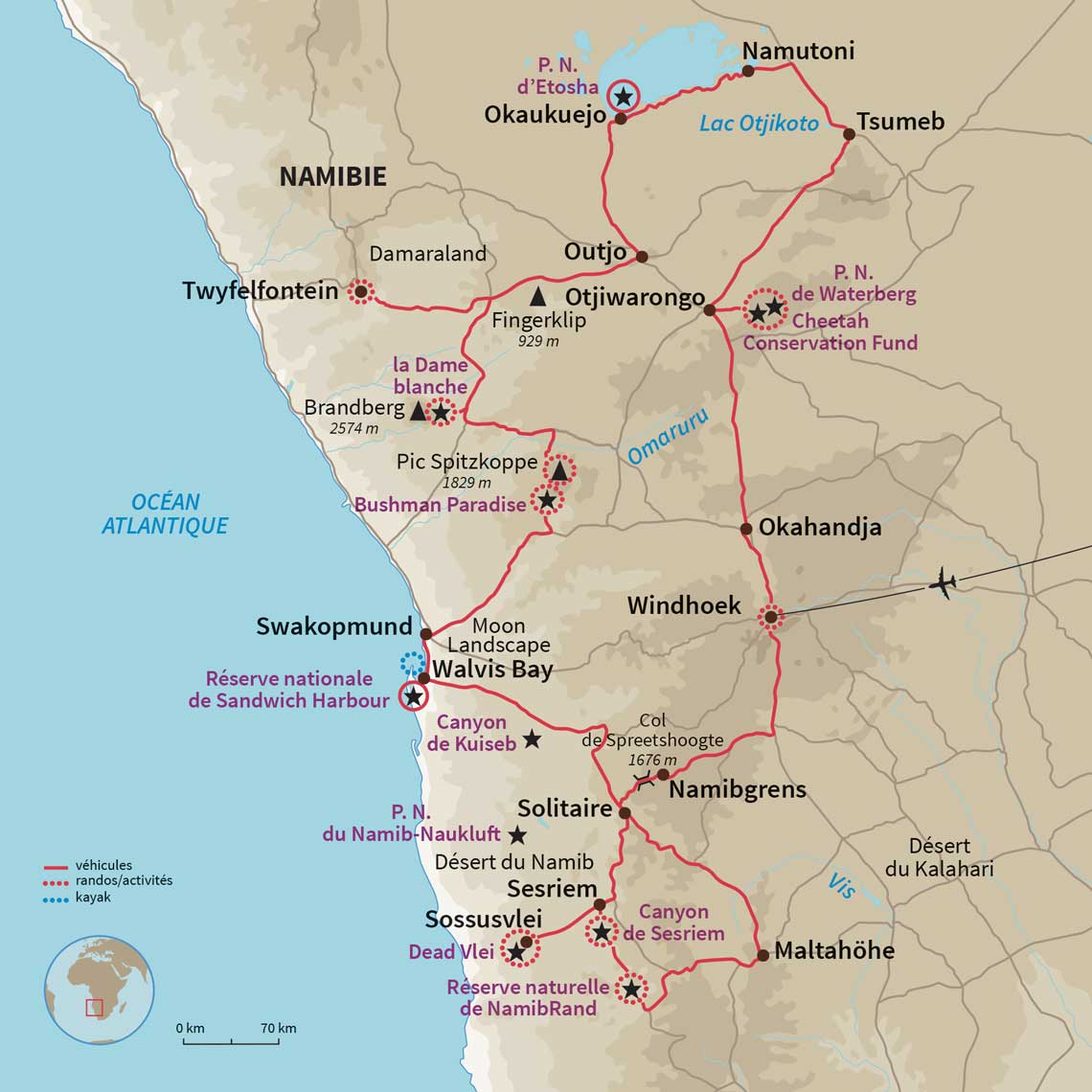 Carte Namibie : Randonnées et pistes namibiennes 