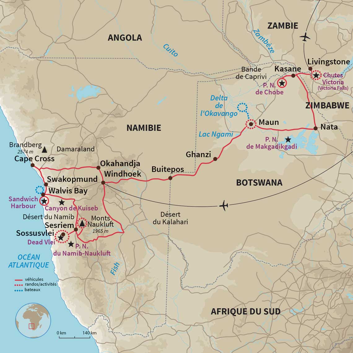 Carte Namibie : Aventure du Namib au delta de l'Okavango