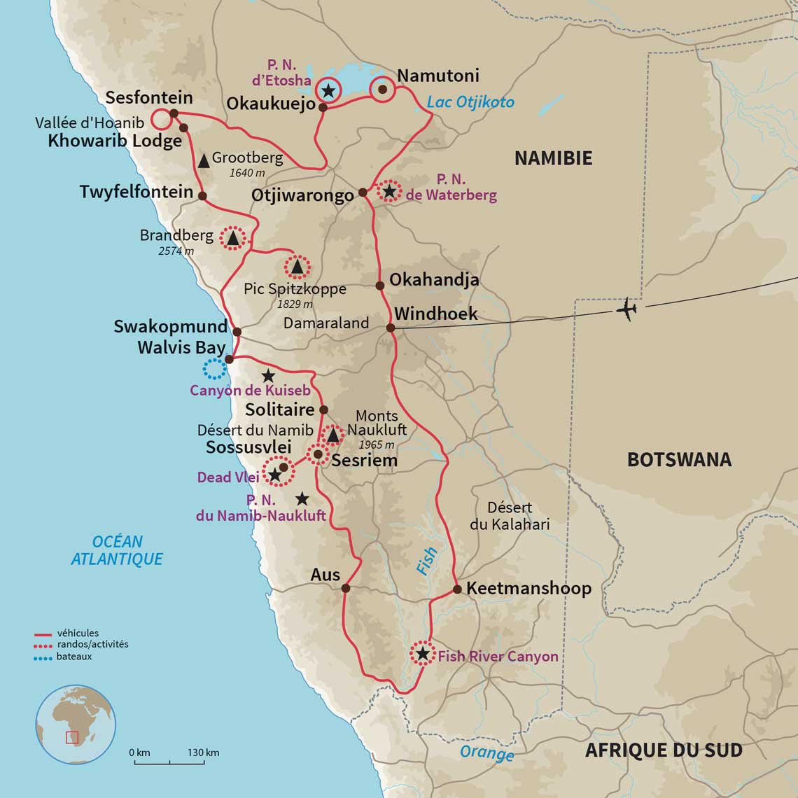 Carte Namibie : Road Trip d'Etosha au Fish River Canyon