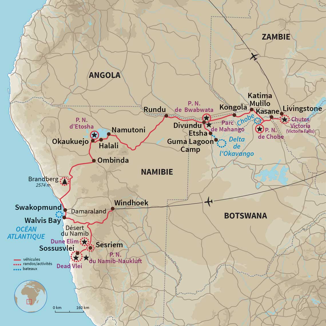 Carte Namibie : Du Namib aux chutes Victoria version confort