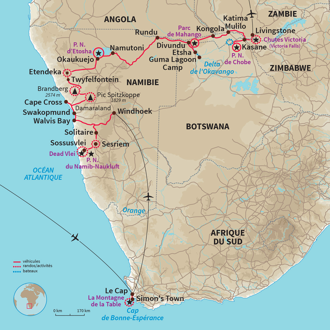Carte Namibie : Austral gagnant de Cape Town à Victoria Falls