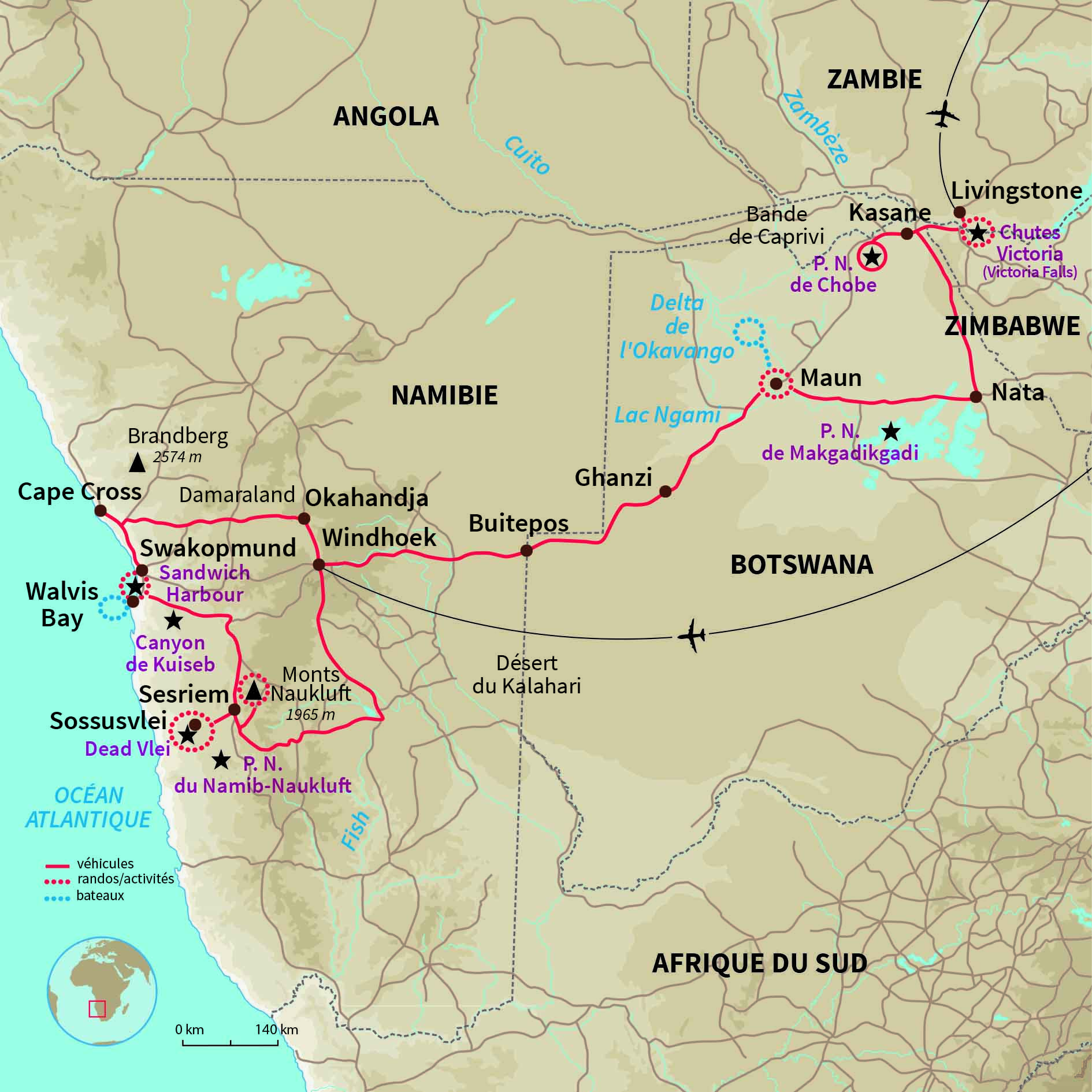 Carte Namibie : Aventure du Namib au delta de l'Okavango