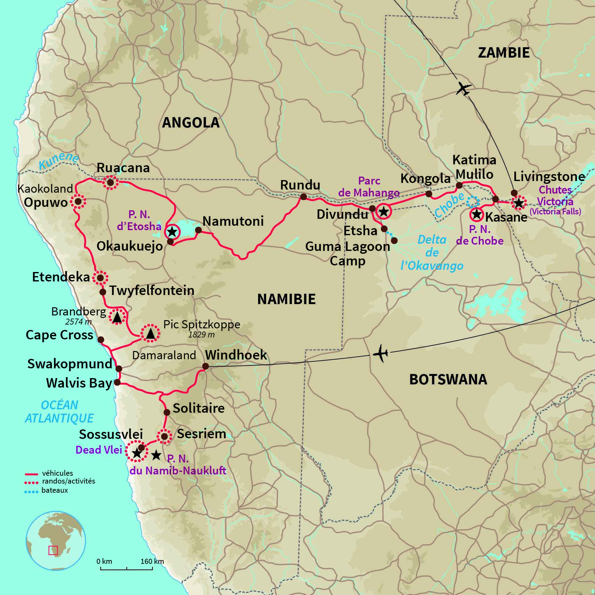 Carte Namibie : De la Namibie à Victoria Falls