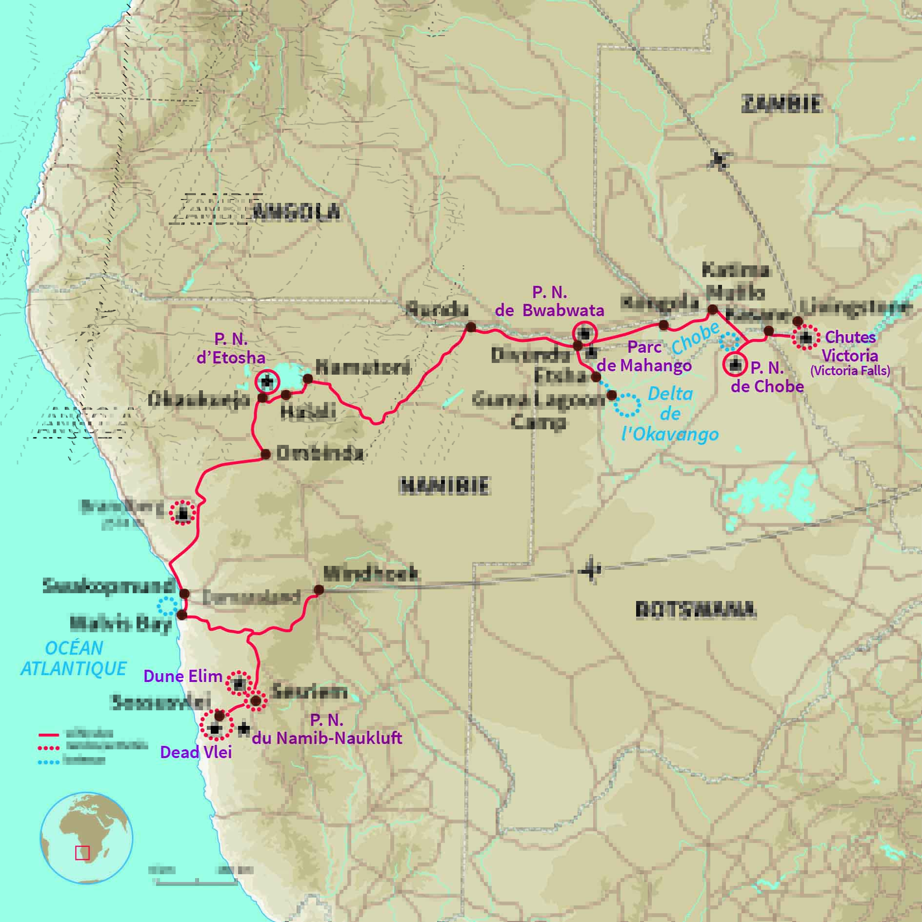 Carte Namibie : Du Namib aux chutes Victoria version confort