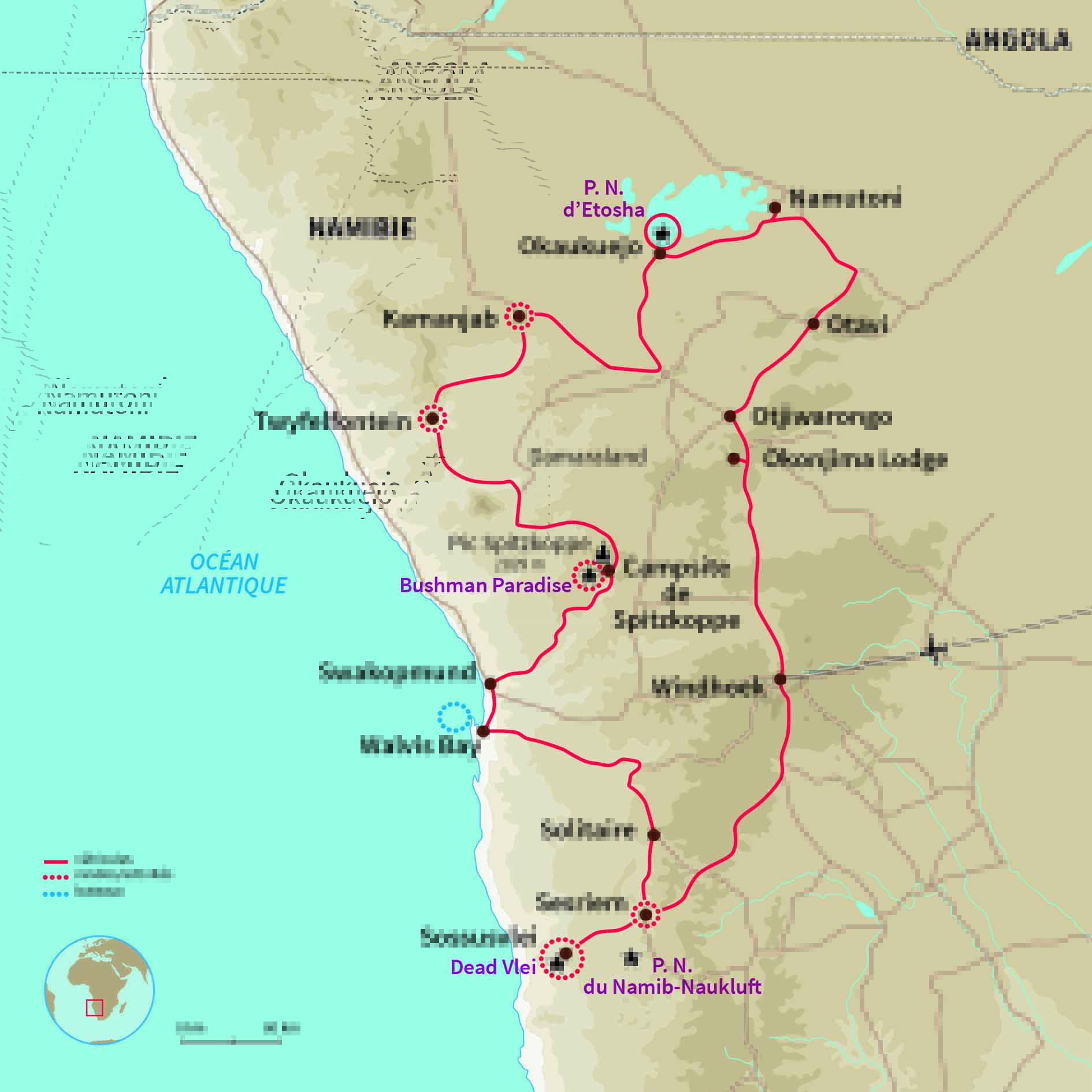 Carte Namibie : Désert du Namib et faune d'Etosha !