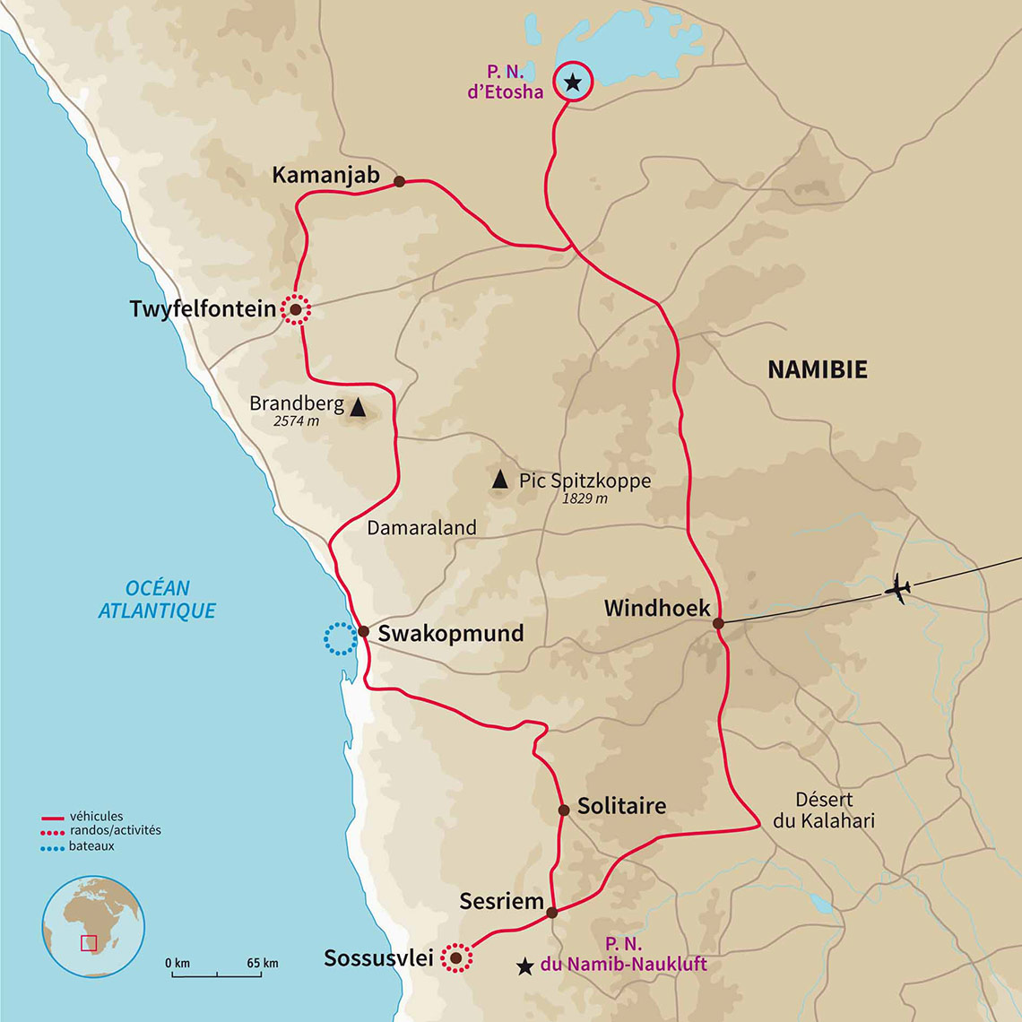 Carte Namibie : Mi lodge, mi camping, 100% aventure !