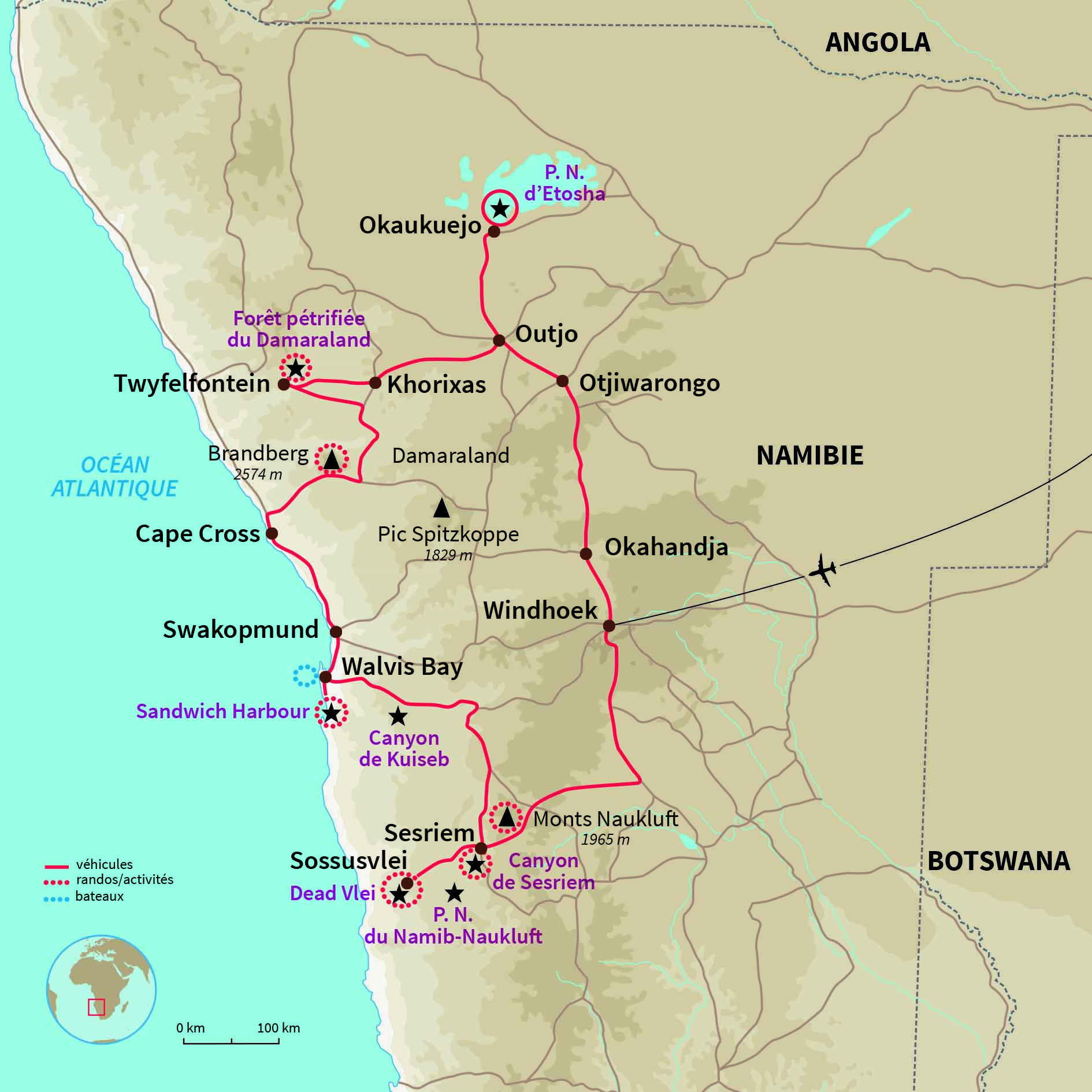 Carte Namibie : Namibie, l'aventure en lodge