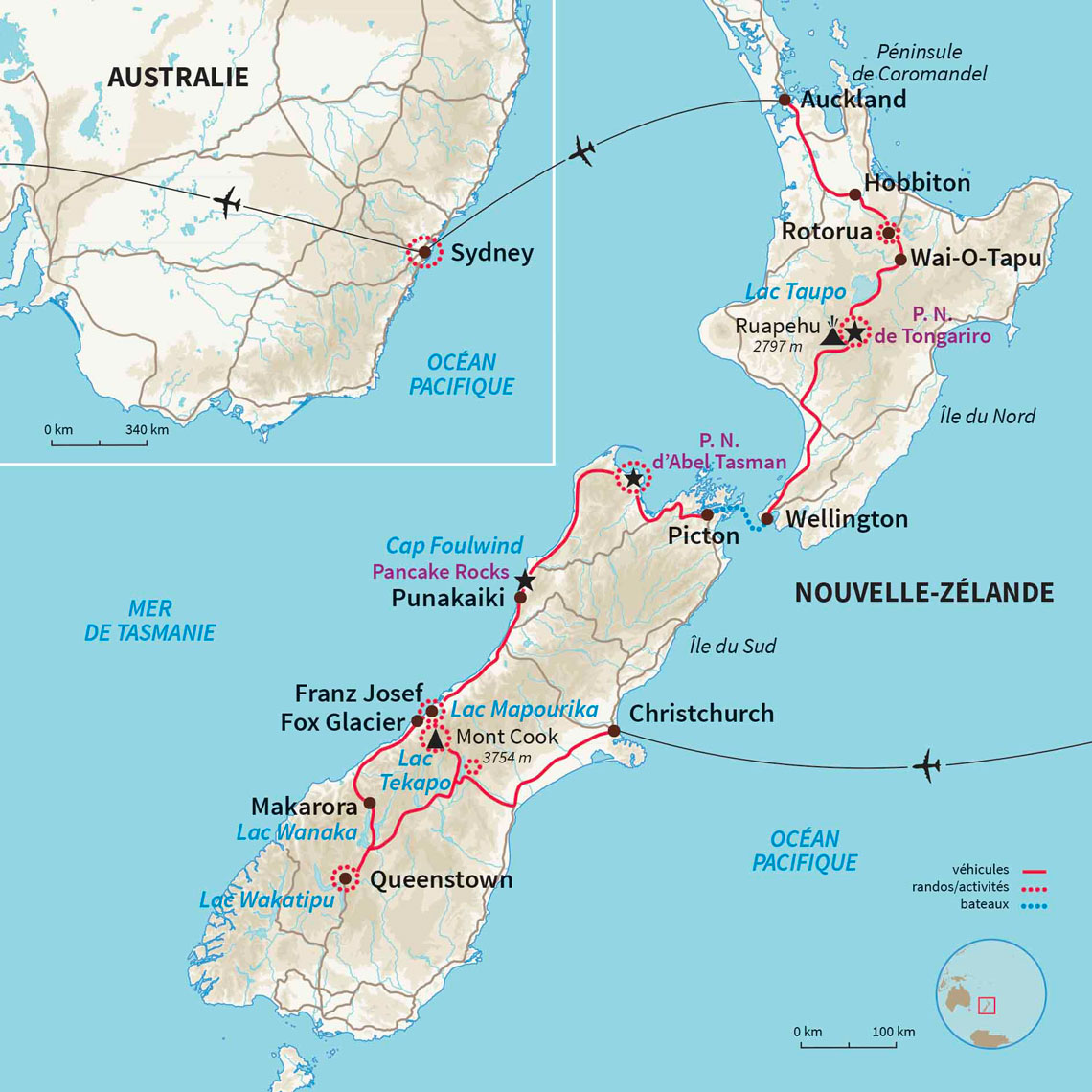 Carte Nouvelle-zélande : Kangourous et kiwis, un voyage 100% Océanie