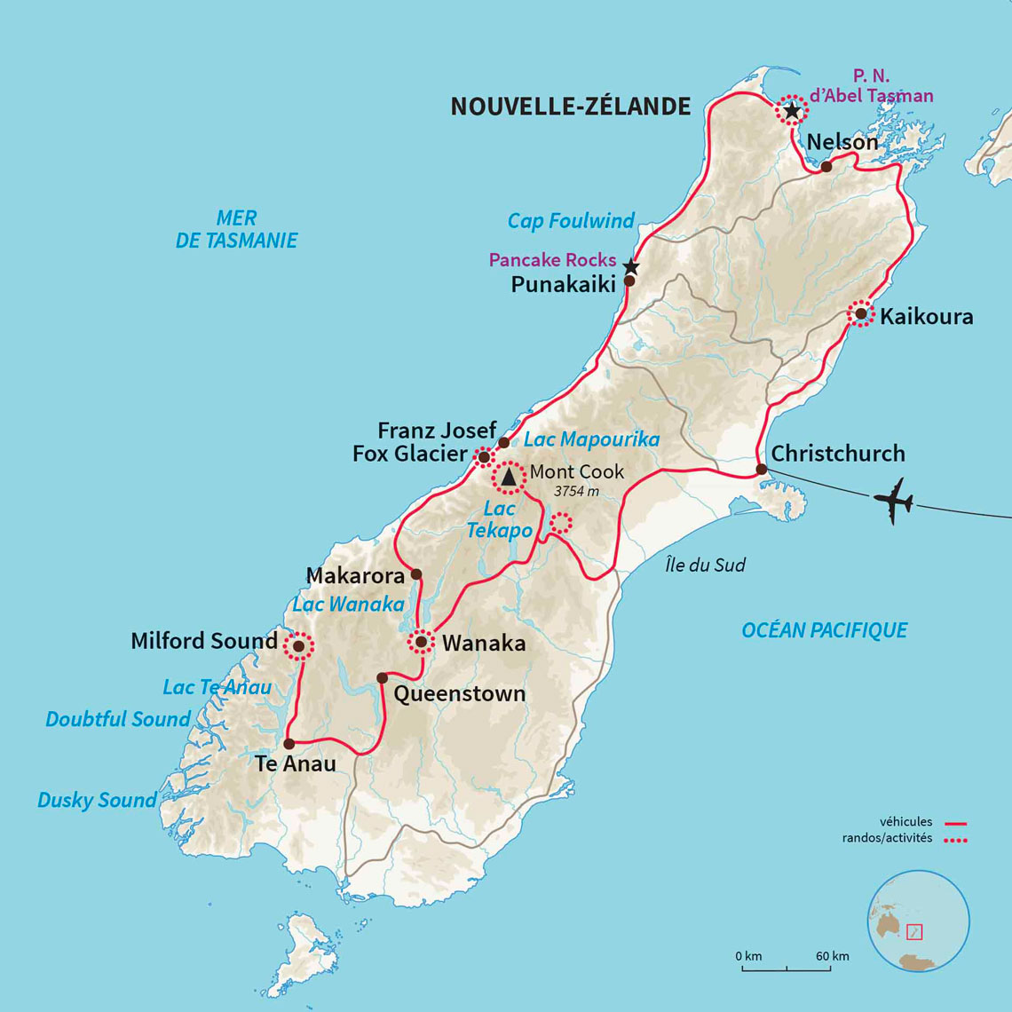Carte Nouvelle-zélande : Cap sur l'île du Sud en Nouvelle Zélande