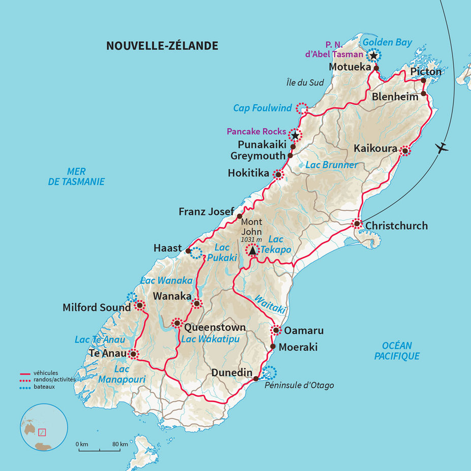 Carte Nouvelle-Zélande : Kiwi express ! Splendeurs de l'île du Sud