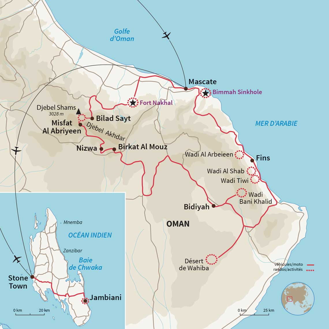 Carte Oman : Petit paradis des wadis et Zanzibar