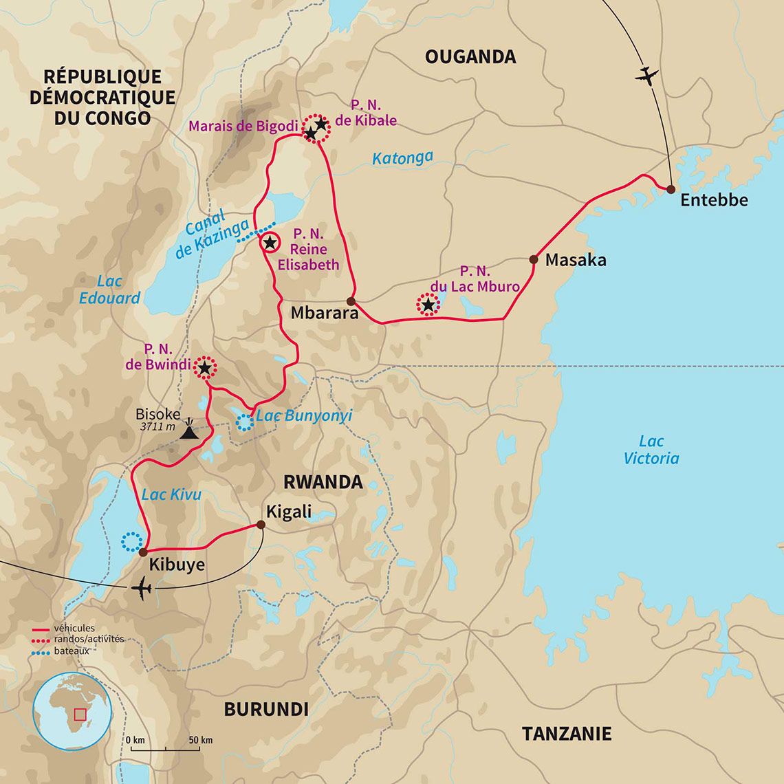 Carte Ouganda : Gorilles, lacs et volcans 