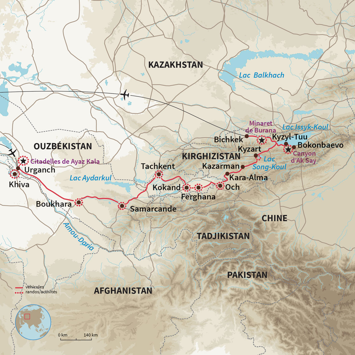 Carte Ouzbékistan : Des cités Ouzbèkes aux montagnes Kirghizes