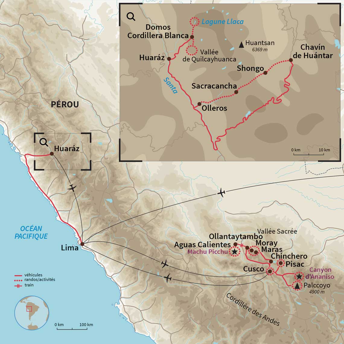 Carte Pérou : Randos du Machu Pichu à la Cordillère Blanche