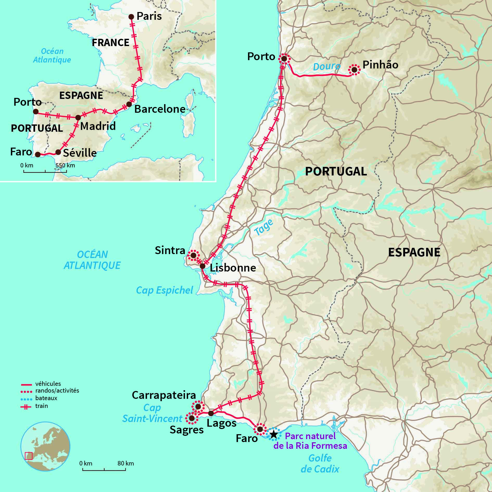 Carte Portugal : Le Portugal du Nord au Sud (A/R en train) 
