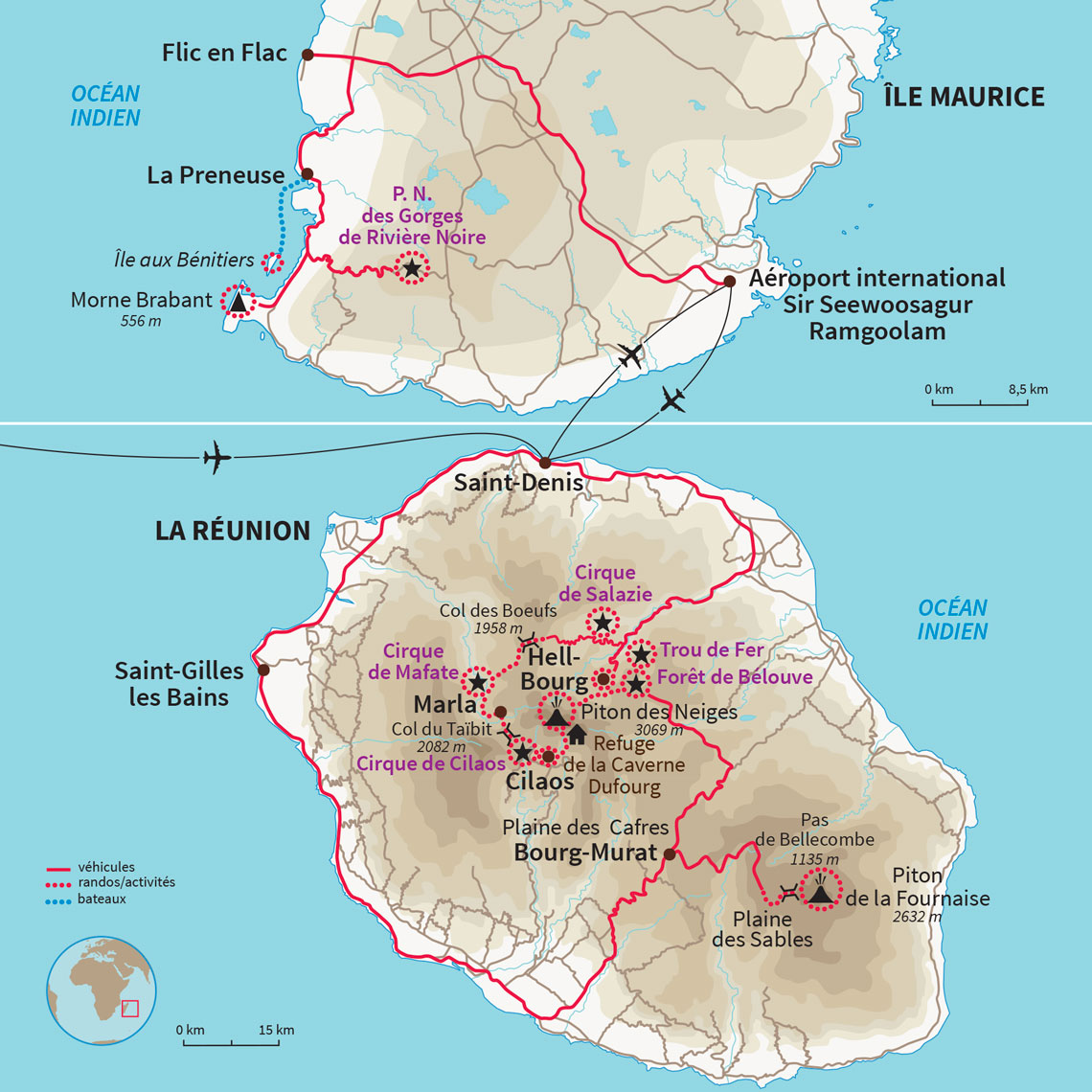 Carte Réunion : Trek de la Réunion à l'île Maurice 