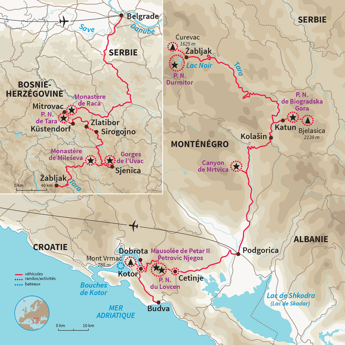 Carte Serbie : Serbie secrète et rives cachées du Monténégro